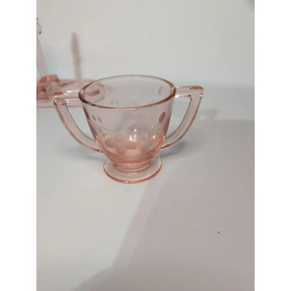 Pink Depression Etched Glass 3-Piece Set: Sugar, Creamer, &  tray coffee tea